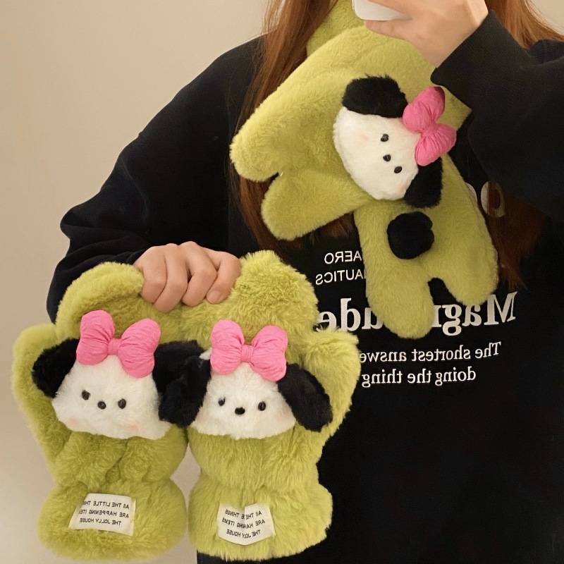 Cute puppy plush gloves, winter warm and cold-proof gloves, student outdoor cycling fleece thickened halter-neck gloves details Picture