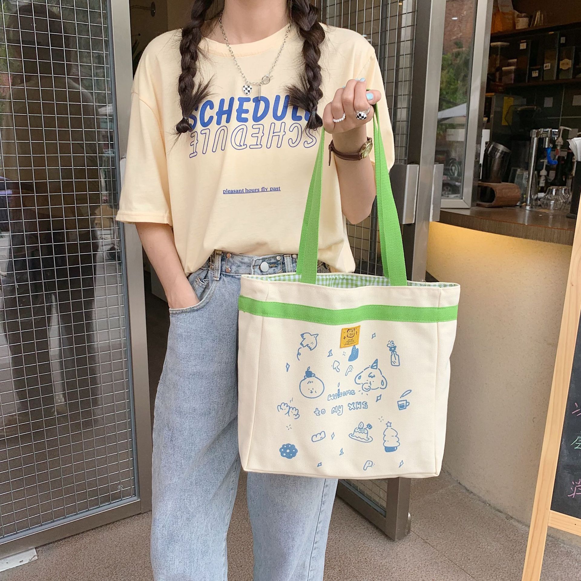 24152 Korean-style InS-style artistic canvas bag, cute for girls, fresh for class, single-shoulder bag, casual tote bag Item Picture