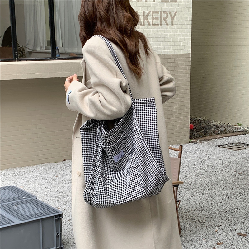 19141 Autumn/Winter New style Thousand-bird checkered Tote bag, Korean-style woolen single-shoulder canvas bag, female student large capacity cloth bag details Picture