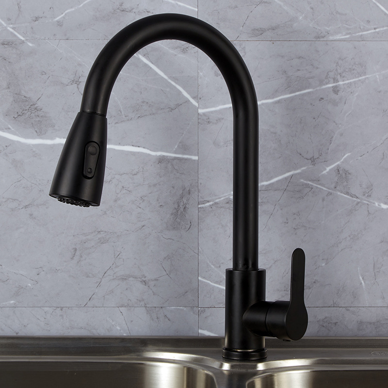 Kitchen pull-out faucet, stainless steel, black, cold and hot mixed water, household sink, sink, universal telescopic faucet details Picture