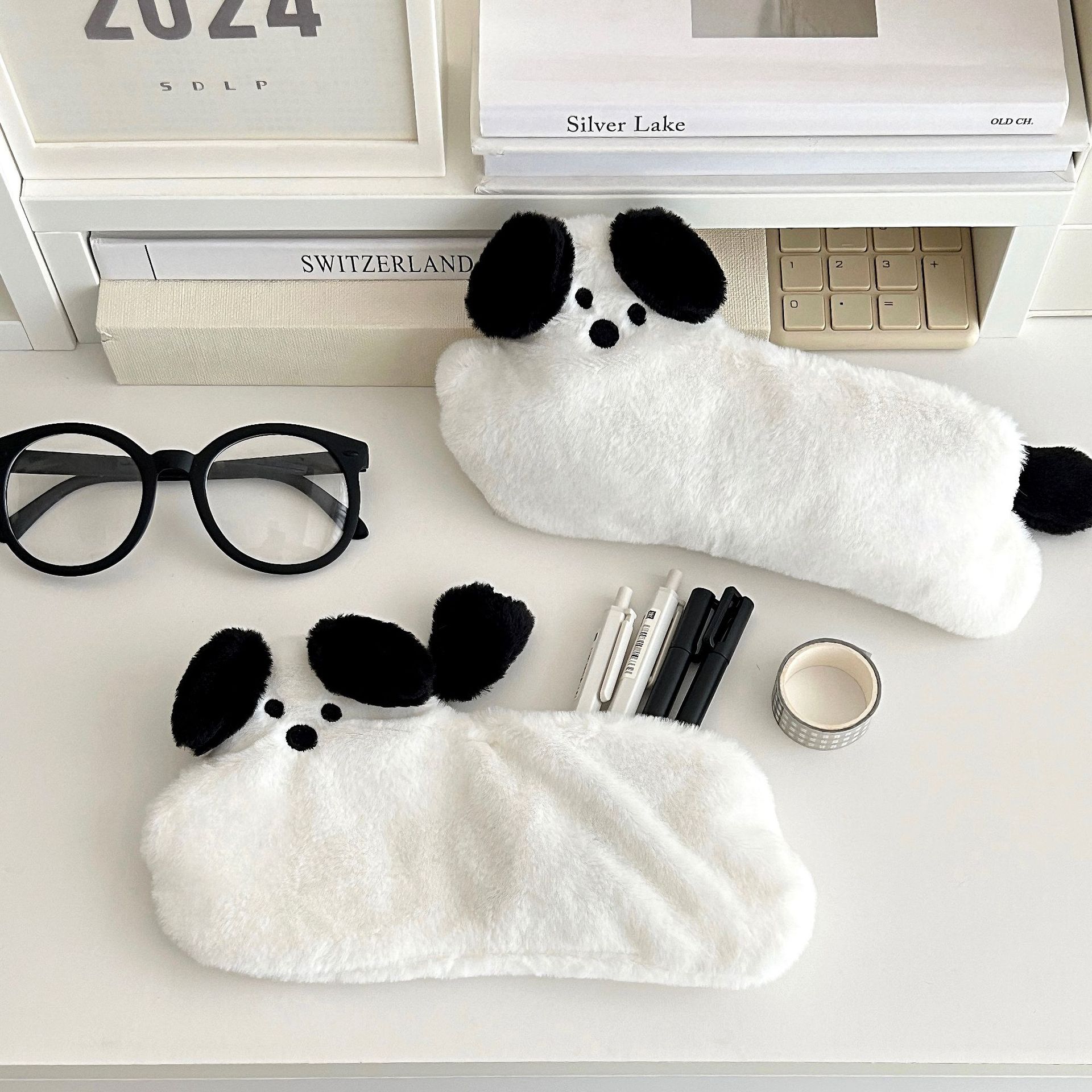 Cute running dog plush pen case, large-capacity student stationery bag, pencil case for junior high school girls and primary school students full figure