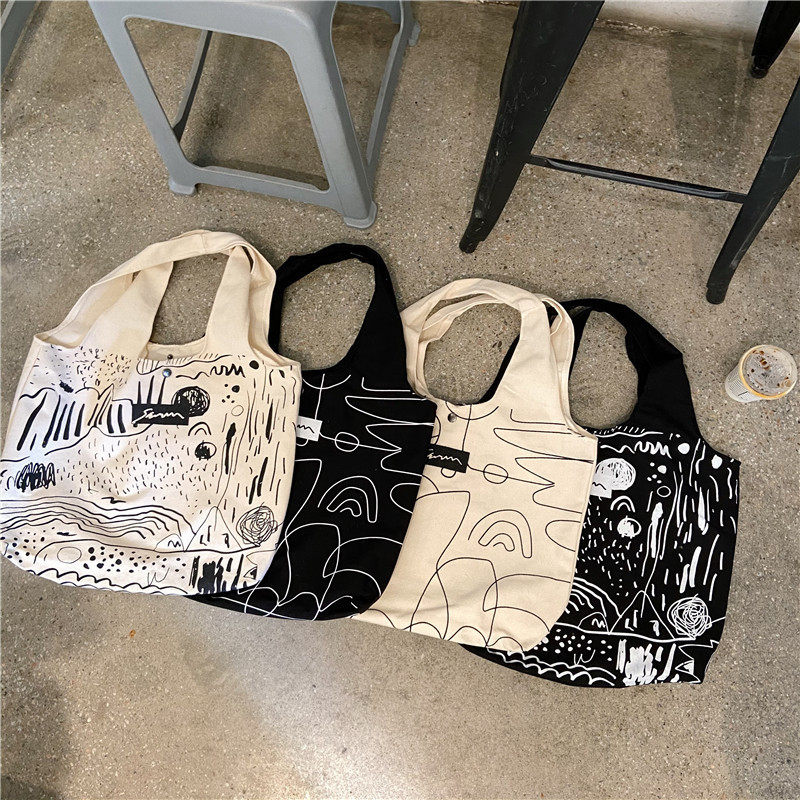 011283 Japanese and Korean chic simple illustration hand-held bag, shoulder bag, large-capacity crossbody casual shopping bag Specification drawing