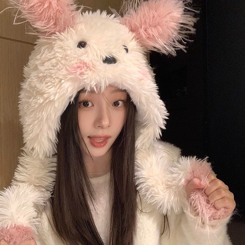 A cute cartoon plush hat for women in winter, thickened and warm, with ears that can move and a dog's big head around it full figure