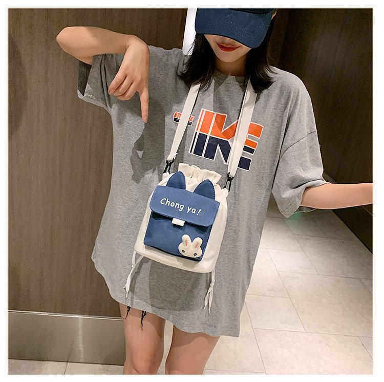 Korean campus fresh and cute cartoon rabbit bucket bag, color-blocking small bag, versatile casual single-shoulder crossbody bag undefined