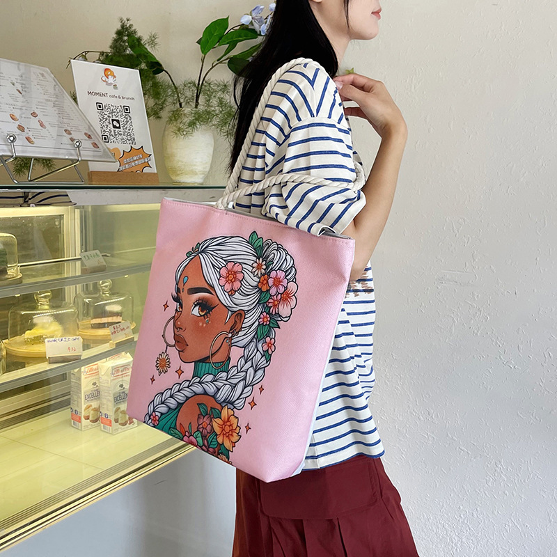Cross-border fashion single-sided printed tote bags for women, creative women, thick rope, versatile, large-capacity beach bags, single-shoulder bags wholesale details Picture