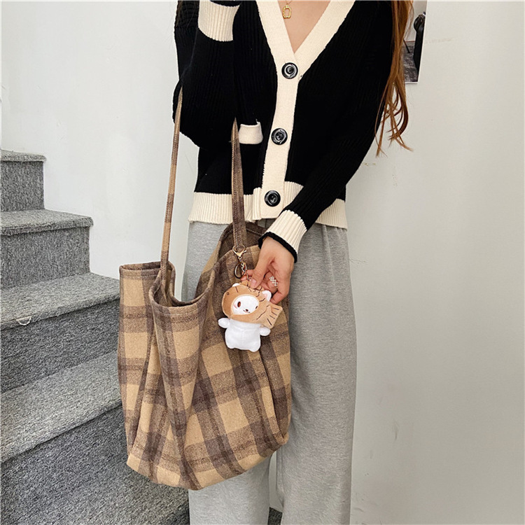 0981 Simple ins checkered woolen single-shoulder bag, hand-held cloth bag, student large-capacity shopping bag, laid-back style women's bag Specification drawing