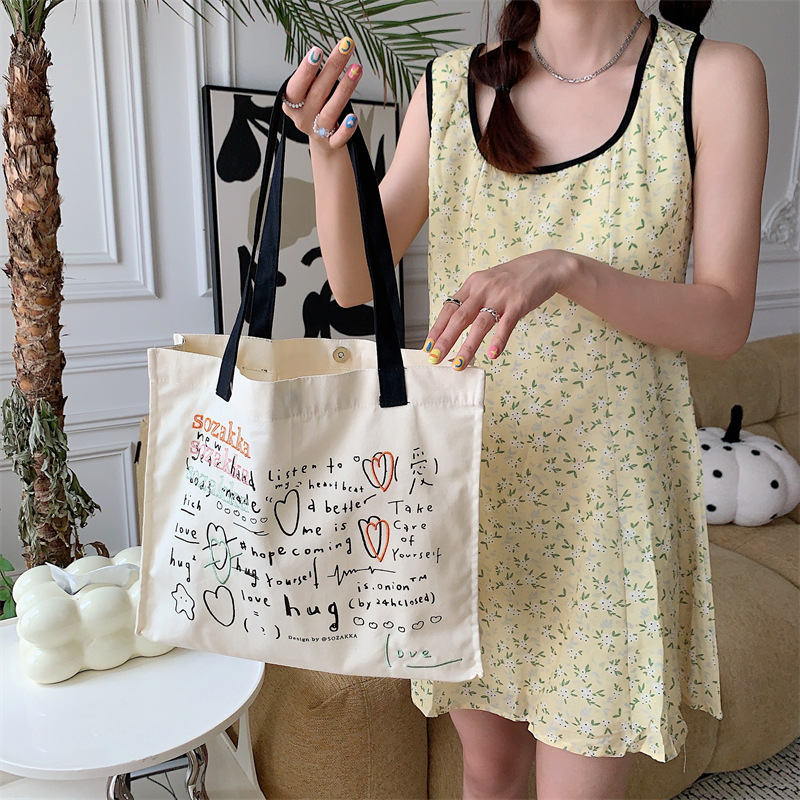 36273 Japanese and Korean canvas bag for women, versatile large-capacity embroidered and printed hand-held shoulder bag, student class bag full figure