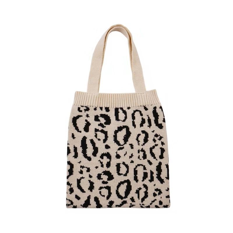 910231 Korean version autumn and winter knitted shopping bag, leopard print woven single-shoulder ins casual hand-held woolen fabric bag Item Picture