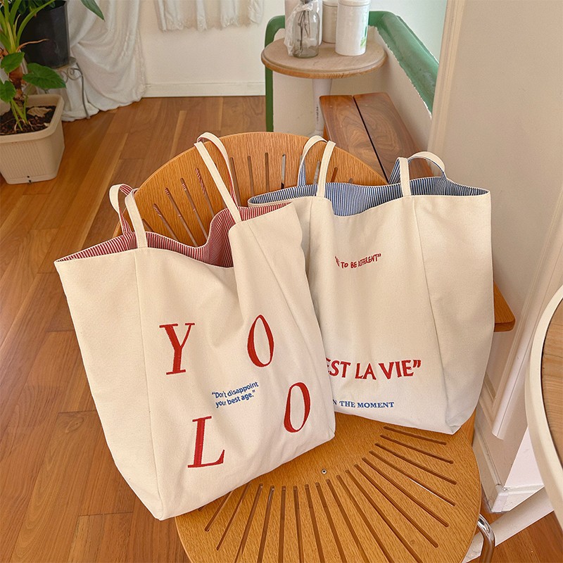 Canvas simple large-capacity bag for women, new summer 2025 double-sided single-shoulder bag, student class underarm tote bag full figure