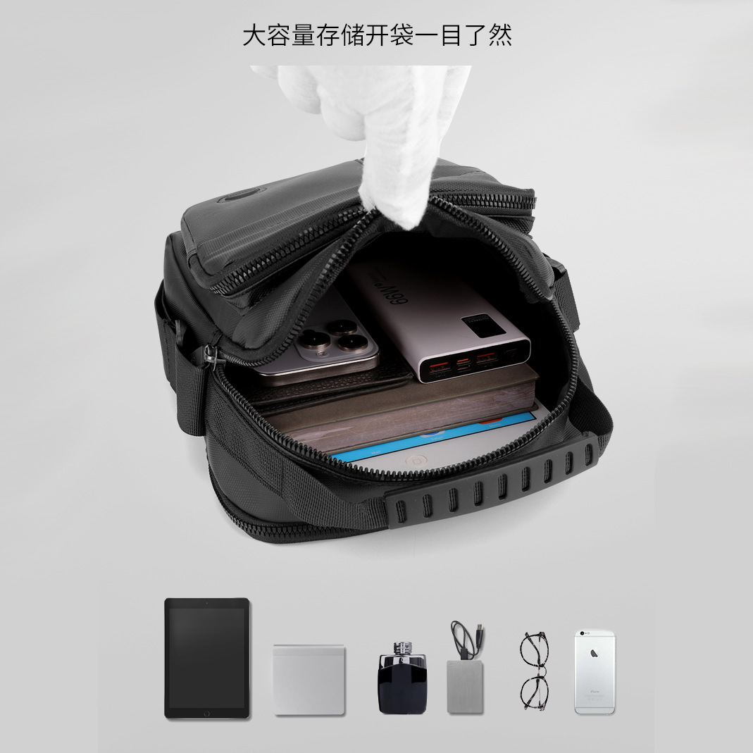 New cross-border leather film simple men's single-shoulder bag, casual sports bag, men's solid color waterproof trendy bag, crossbody bag, black Specification drawing