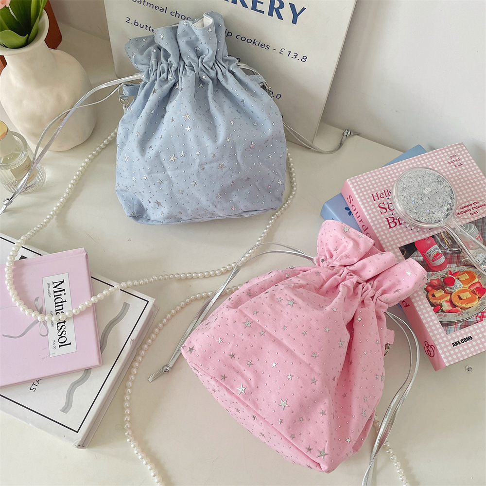 54183 Korean version star sequined fashionable and fresh single-shoulder bag, new canvas bag drawstring drawstring crossbody bag Specification drawing
