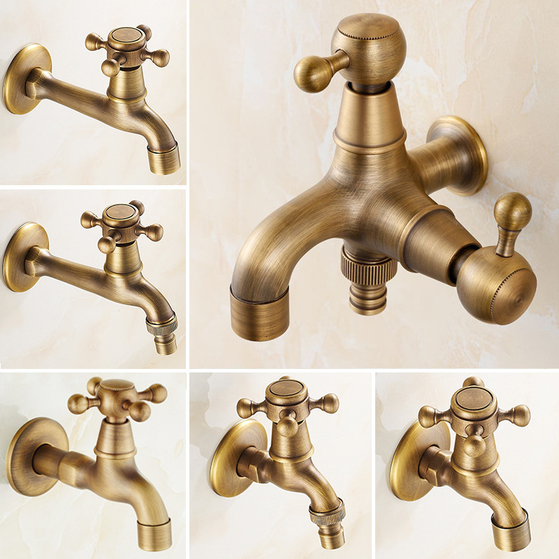 The washing machine faucet is made of retro brass, with a quick-opening single cold mop. It is a sink faucet with one inlet and two outlets, and a double faucet full figure