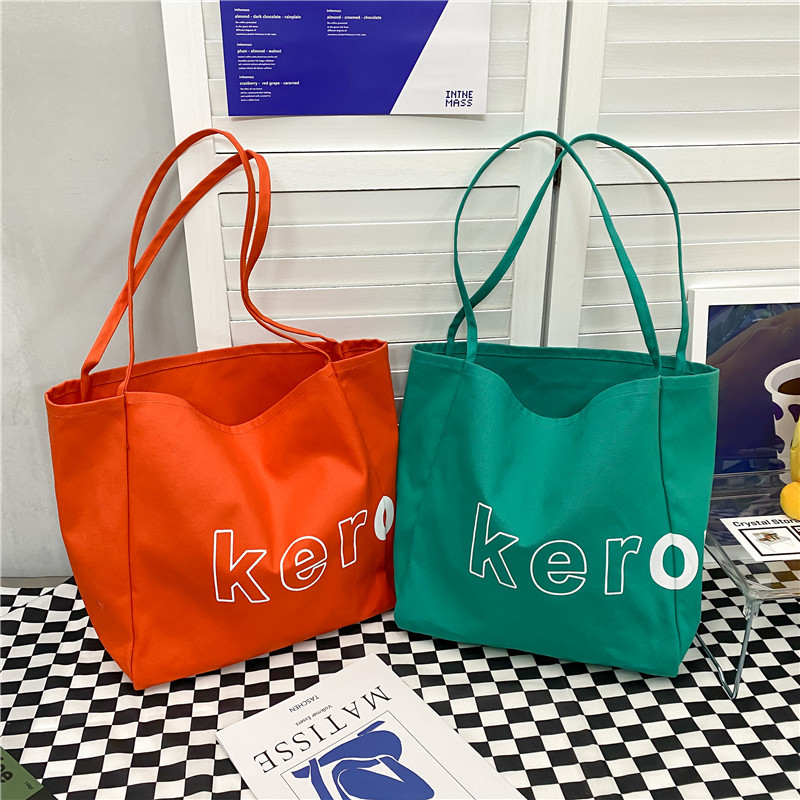 Korean style ins letter-printed open-top thin shoulder strap large-capacity canvas bag, simple and casual single-shoulder bag and schoolbag for women full figure