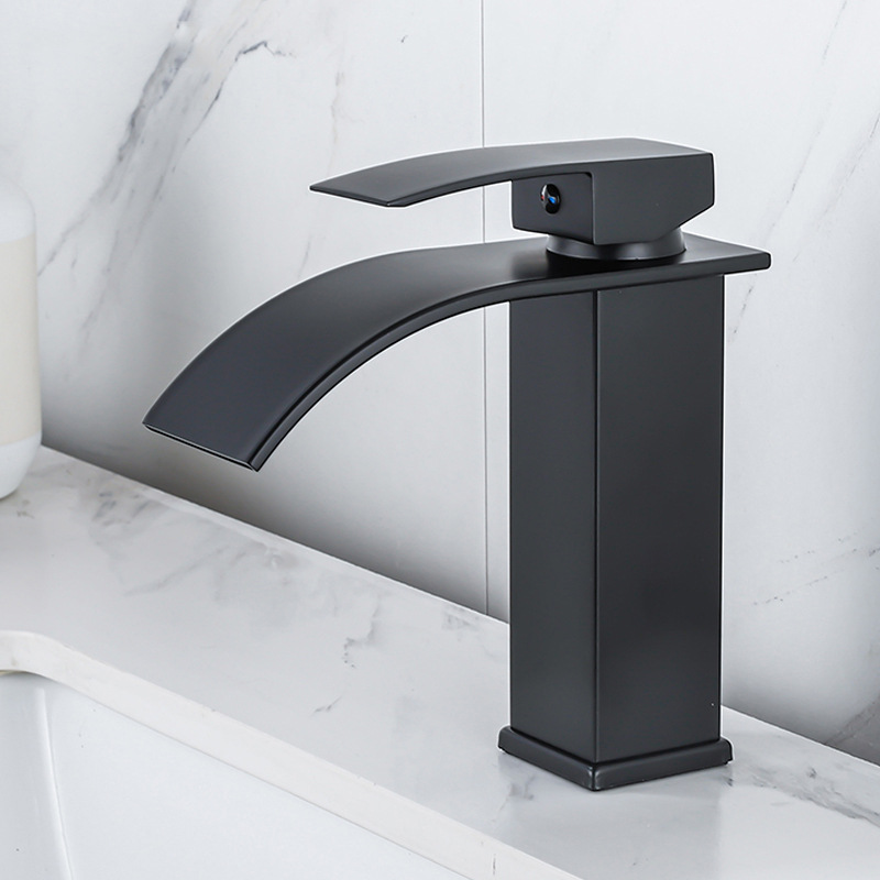 Nordic black lacquered waterfall faucet, hot and cold countertop basin, washbasin, bathroom cabinet, single-hole faucet details Picture