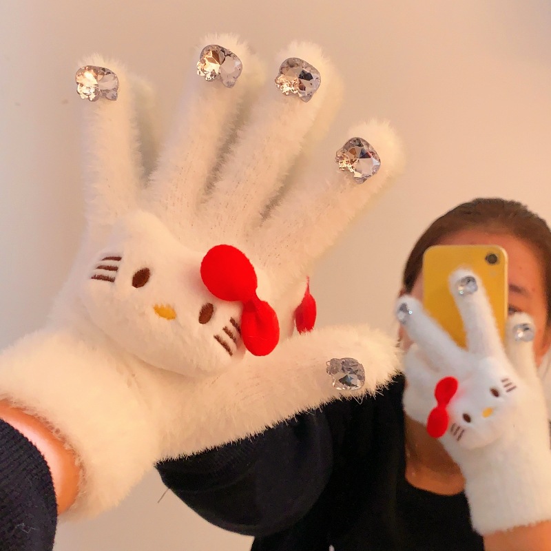 Diamond nail art cat plush gloves, thickened warm finger gloves for autumn and winter, student cycling cold-proof five-finger gloves full figure