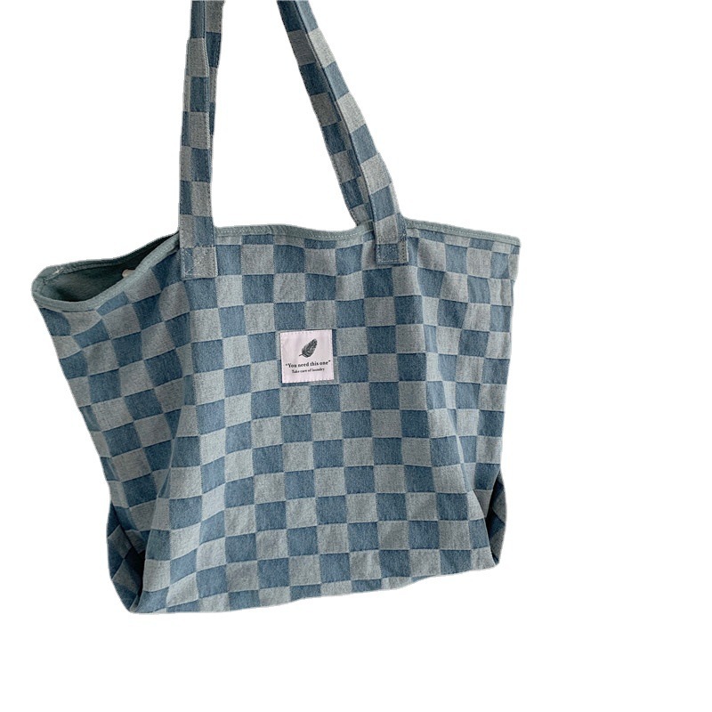 Wholesale 16241 Korean version checkerboard large capacity Tote bag, denim canvas single-shoulder bag, female student hand-held cloth bag Item Picture