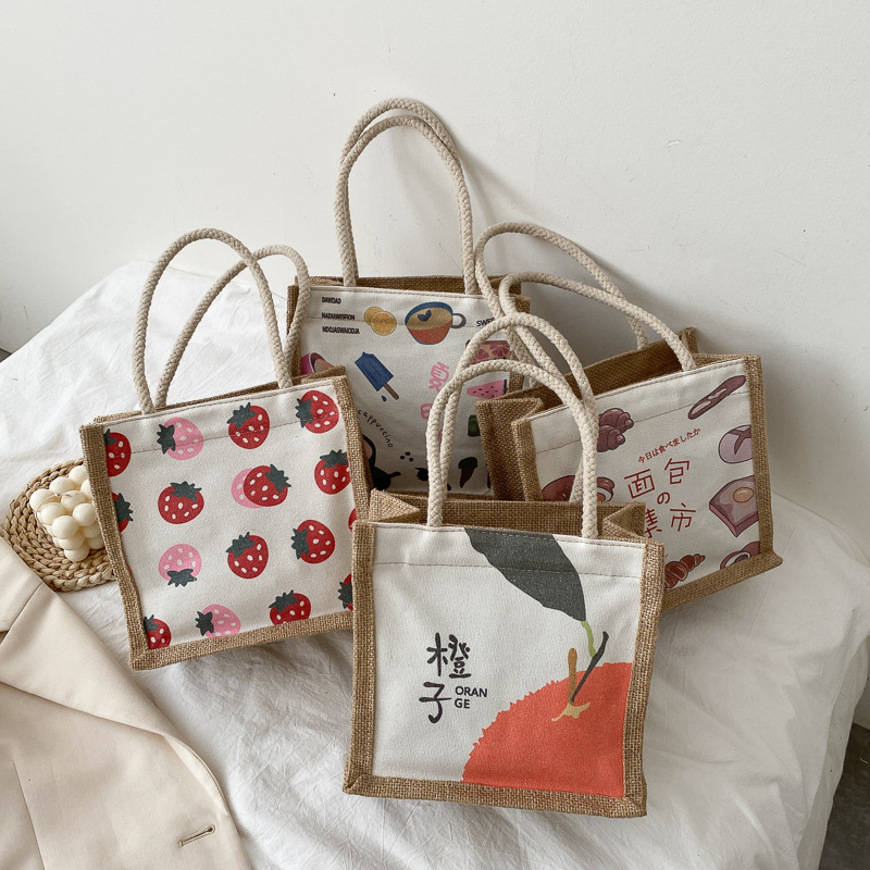 Canvas bag for women, ins Japanese-style personalized printed handbag, Harajuku ulzzang artistic and simple shopping bag, lunch box bag full figure
