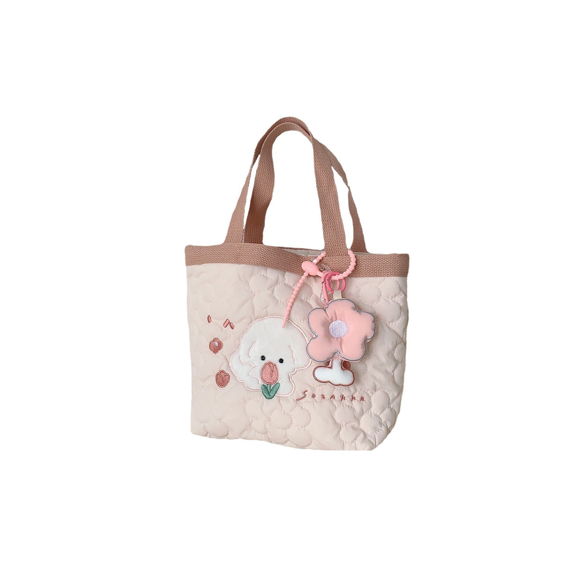 34222 ins quilted flower handbag, cute embroidered bento bag, soft hand handbag, commuting bag for work Item Picture