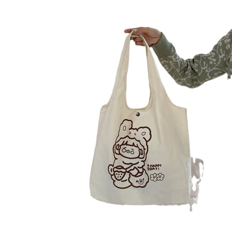 1961 Korean cartoon printed single-shoulder bag, simple Japanese student cute tote bag, large capacity canvas bag for women Item Picture