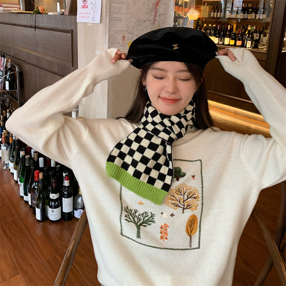 11084 Autumn and Winter checkerboard color-blocking soft and glutinous knitted woolen scarf for women, Korean-style warm, versatile and high-end neck Specification drawing