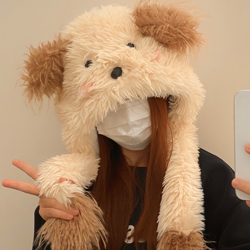 Cute puppy hat, new plush thickened pullover hat, women's warm cycling ear protection hat, autumn and winter anti-freezing lace-up hat details Picture