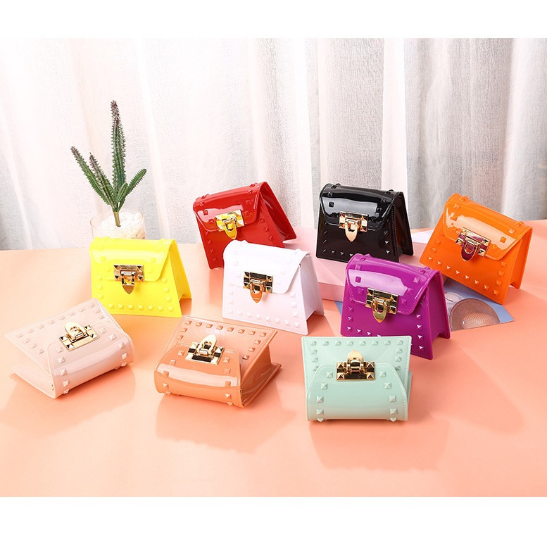 2025 New rivet mini bag Macaron, fashionable, simple and fresh jelly children's bag, single-shoulder crossbody bag full figure