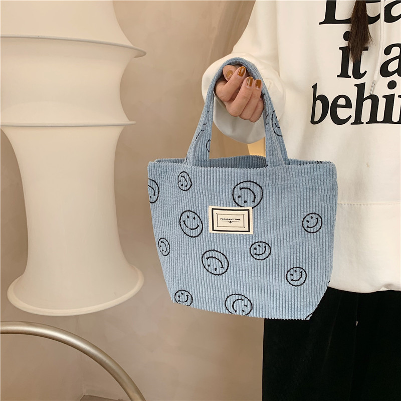 112221 New corduroy retro polka dot handbag, Japanese-style cute smiling face tote bag, women's bento bag Specification drawing