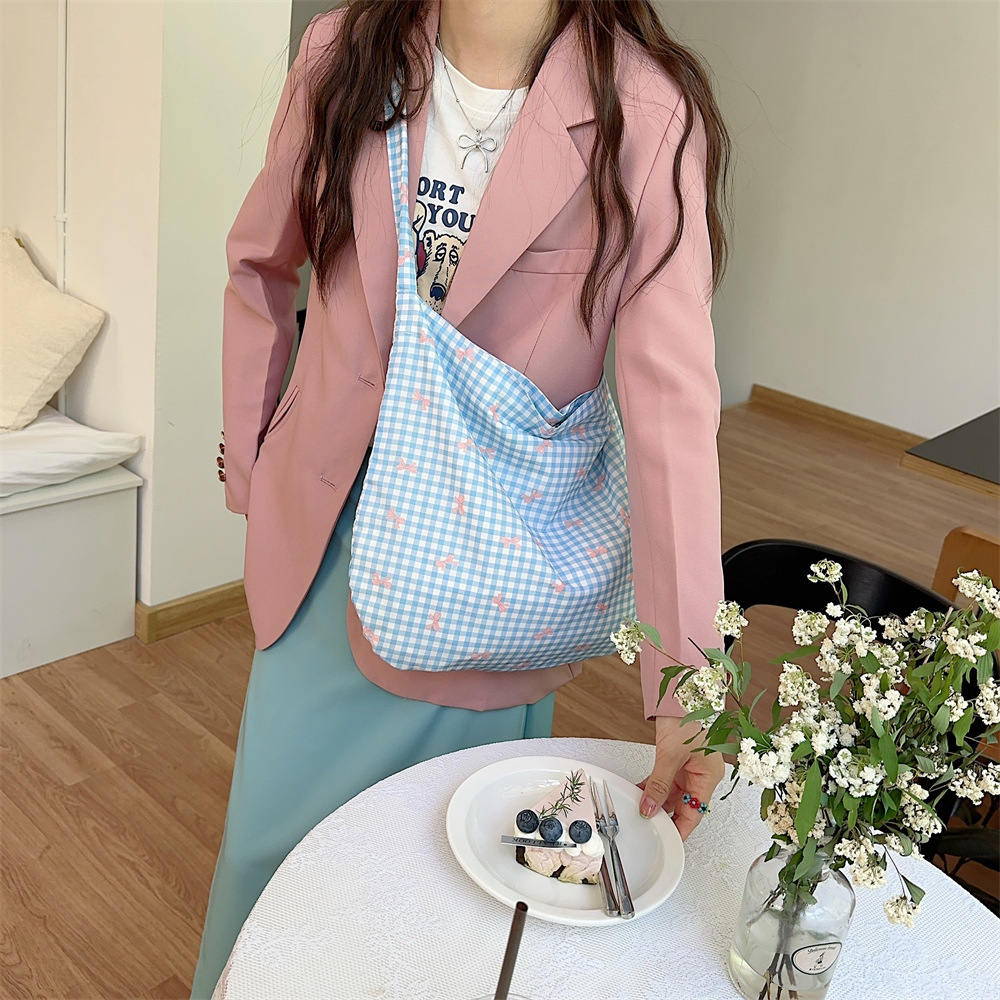 44301 Korean bag, printed bow canvas bag, floral crossbody bag, single-shoulder shopping bag, student class bag full figure