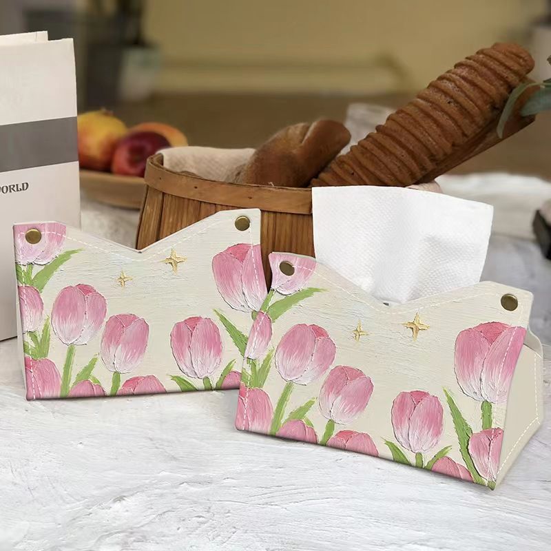 Creative tulip oil painting tissue box, light luxury tissue box, car living room tissue case, high-end storage for home decorations Application Scenario