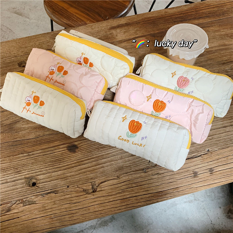【 In Stock 】112155 Embroidered Tulip Pen Case, Girlish student Stationery Storage Bag, Fabric Makeup Bag full figure