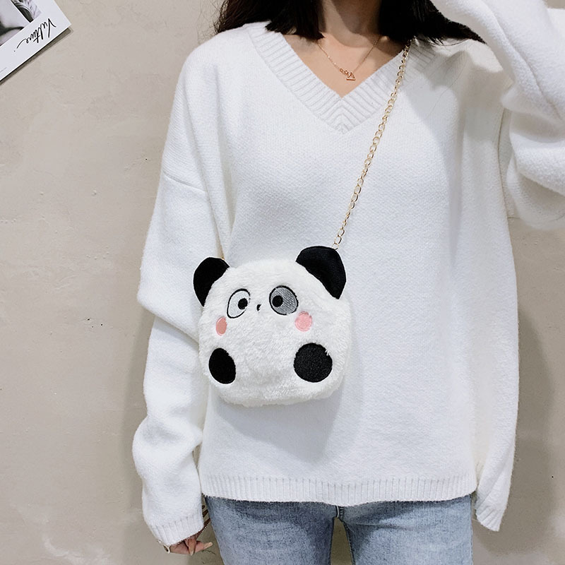 Korean Instagram girl's soft and cute cartoon fluffy little panda fashion bag and Japanese Harajuku student crossbody bag details Picture