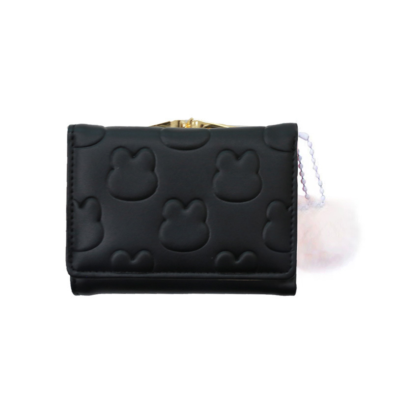 Cute little rabbit wallet card case, Japanese-style short girls' coin purse, embossed plush ball pendant, lock buckle bag wallet Item Picture