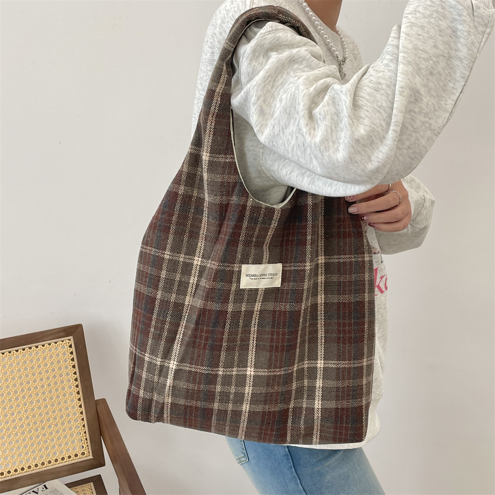 410262 Autumn and winter woolen single-shoulder bag for women, retro checkered tote bag, large capacity, simple commuting canvas bag details Picture