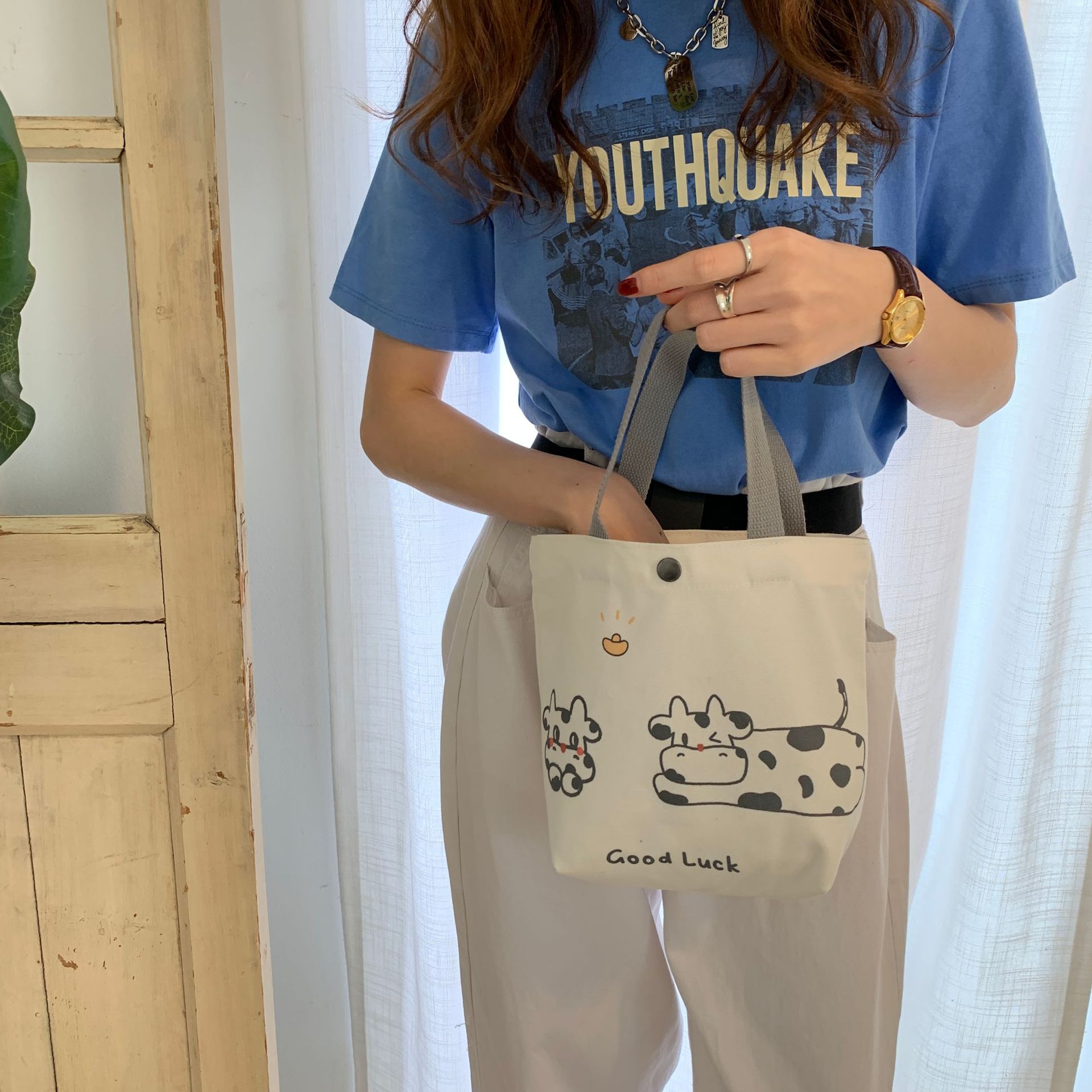 12251 School-style printed cute cartoon canvas bag, Korean inS-style girl student hand-held crossbody bag Application Scenario