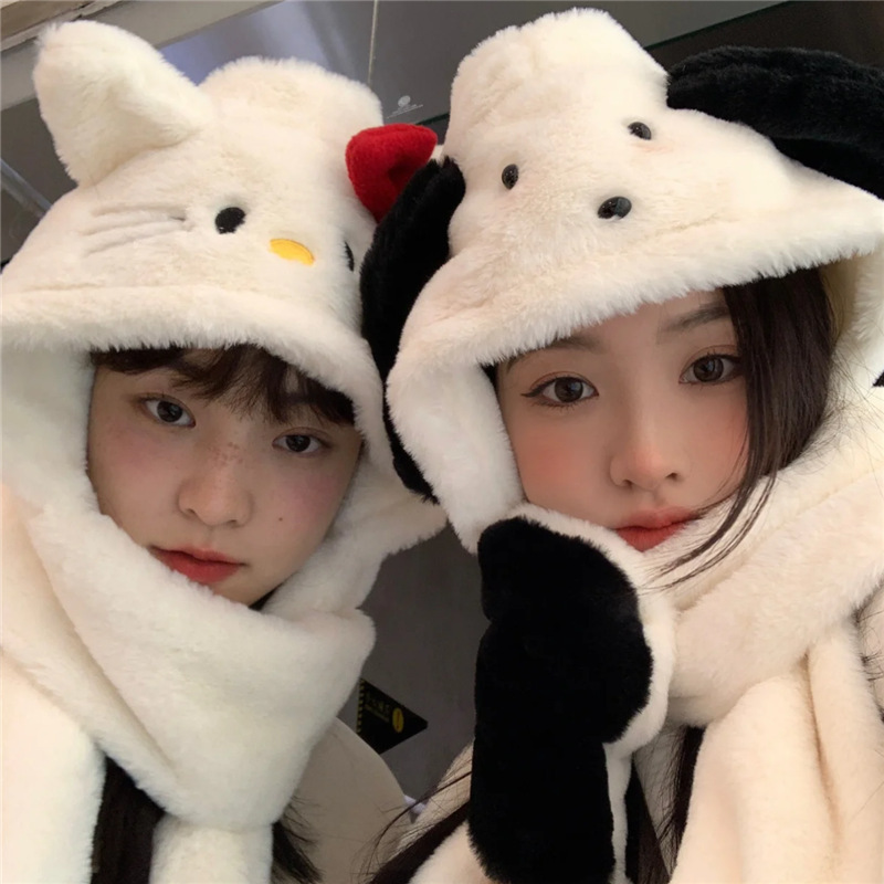 Original three-piece set of hats, scarves and gloves for cats and dogs, student and couple autumn and winter warm and thick one-piece hat Item Picture
