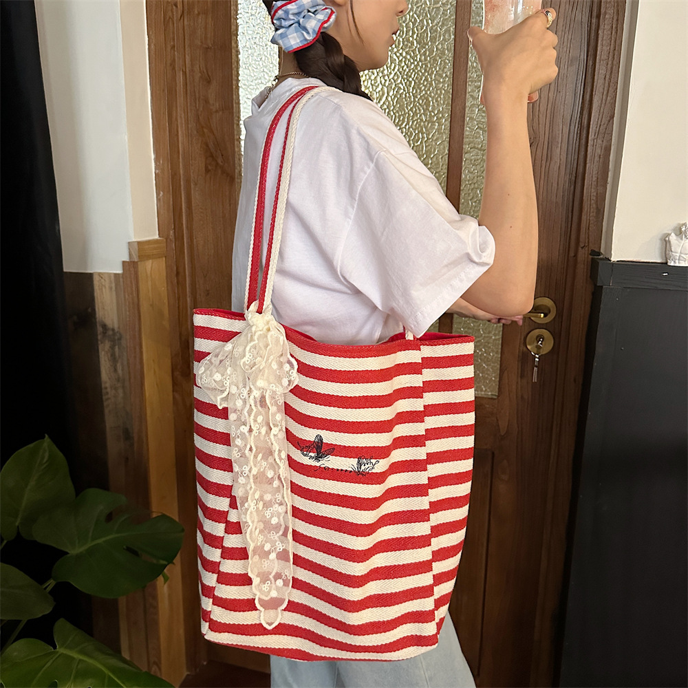 46111 Korean-style striped simple double-sided canvas bag 2024 Summer New large-capacity student shopping single-shoulder bag details Picture