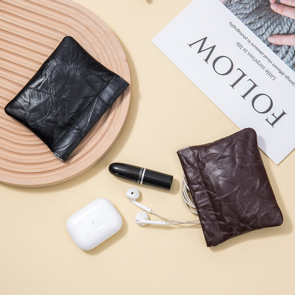 pu retro spring piece self-tightening storage bag, simple mini headphone case, small-mouthed red envelope, portable coin purse details Picture