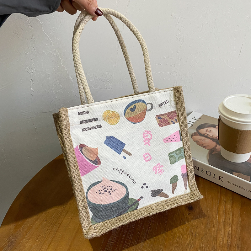 Canvas bag for women, ins Japanese-style personalized printed handbag, Harajuku ulzzang artistic and simple shopping bag, lunch box bag details Picture