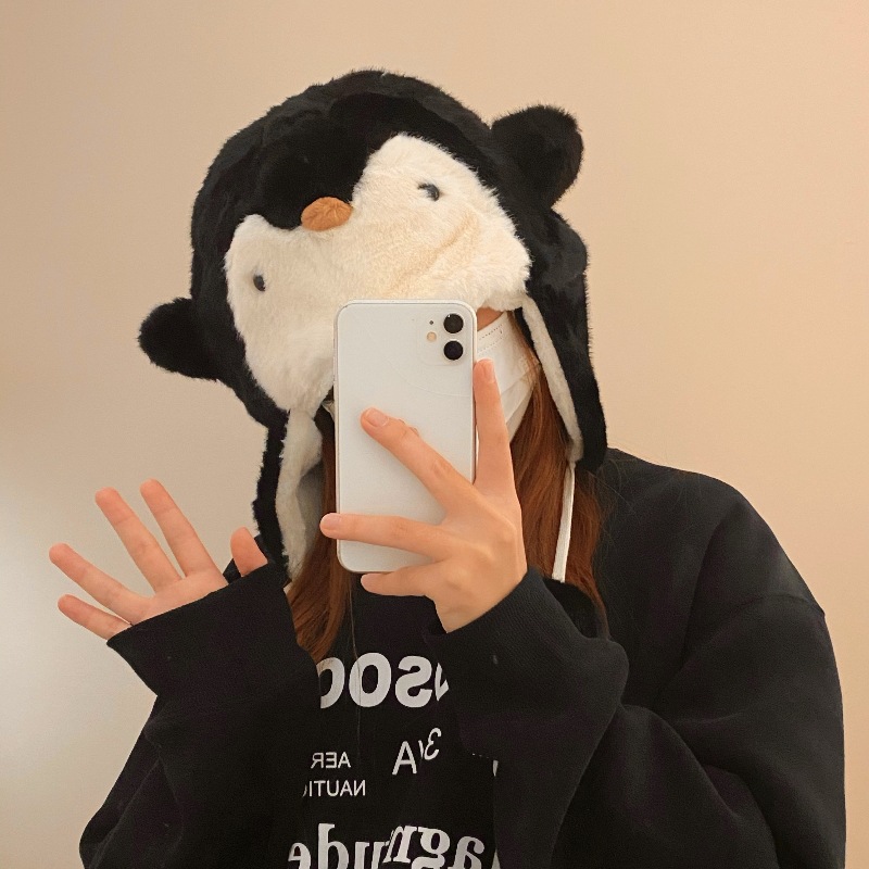 New cute penguin warm plush hat for women, thickened winter cold-proof ear-protecting Lei Feng hat, cycling and skiing hat details Picture