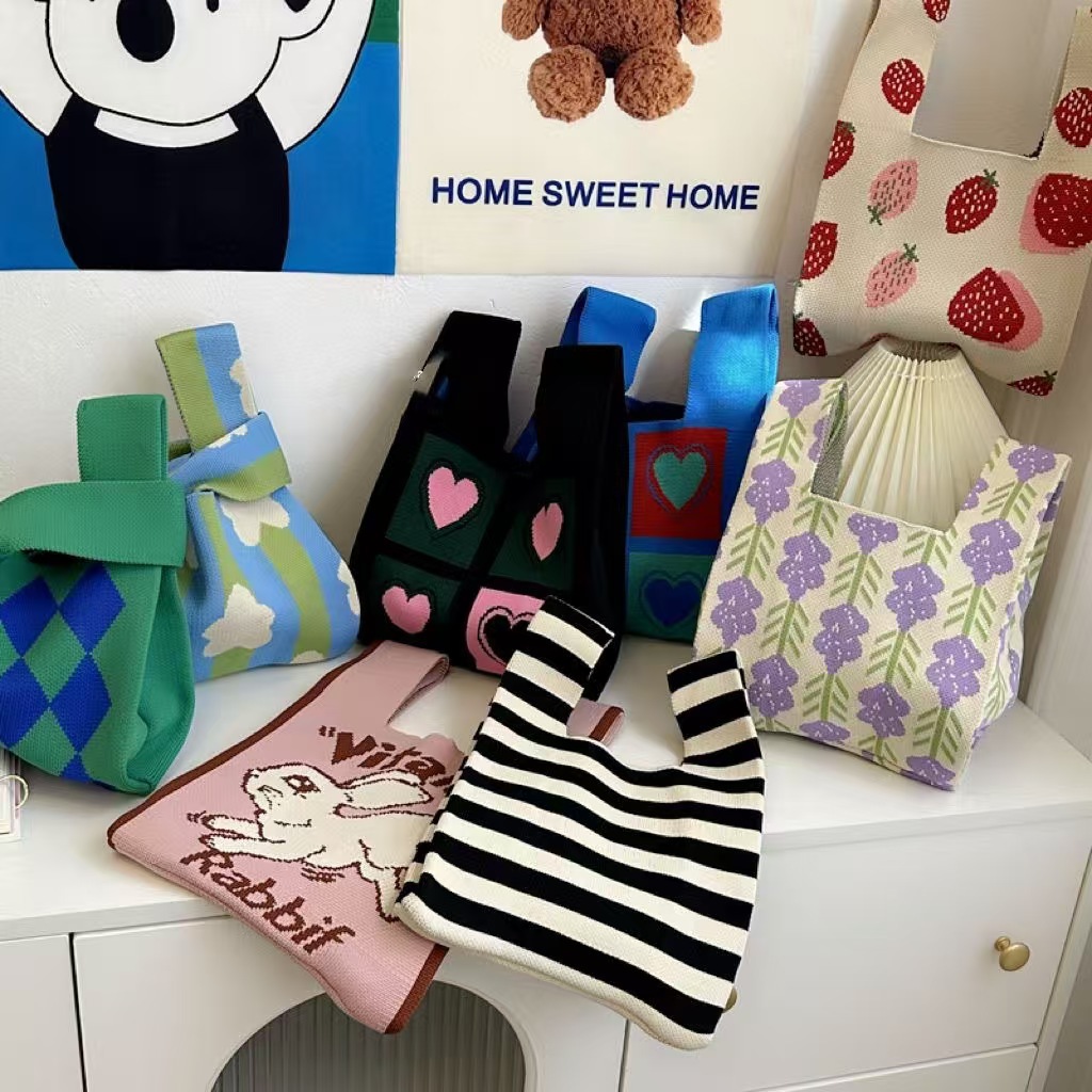 2024 New style knitted hand-held bag, bow tote bag, women's woolen bag, versatile daily casual handbag full figure