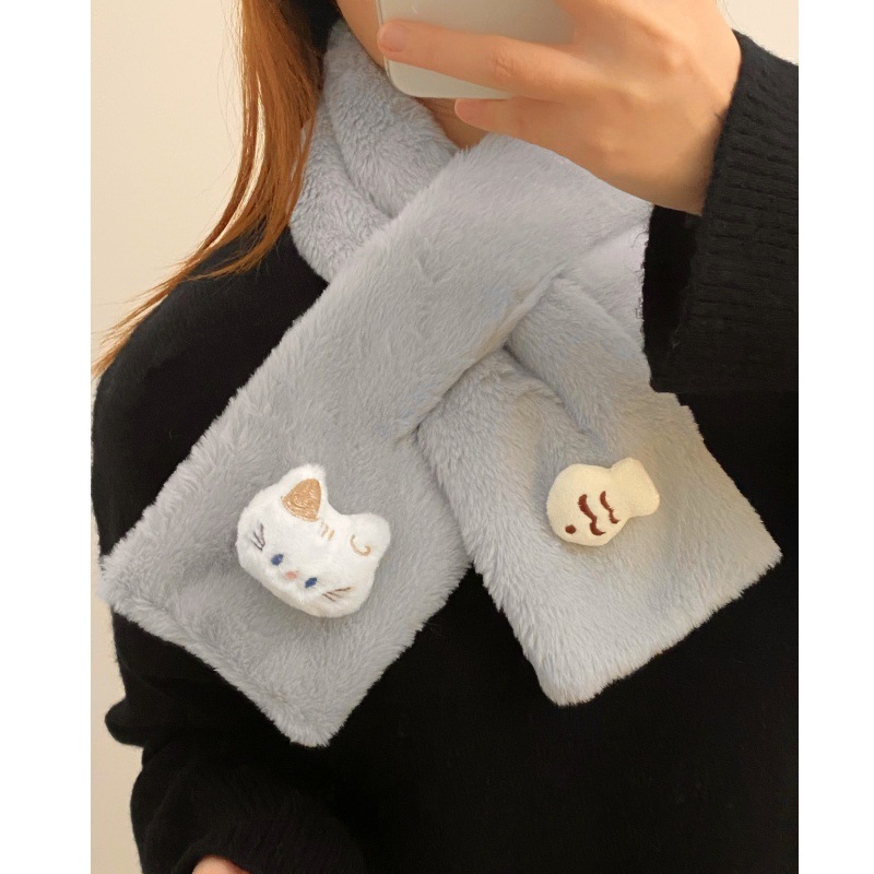 Cartoon cat scarf, sweet and girlish, warm and fluffy scarf, Japanese crossover short thick scarf, school style full figure