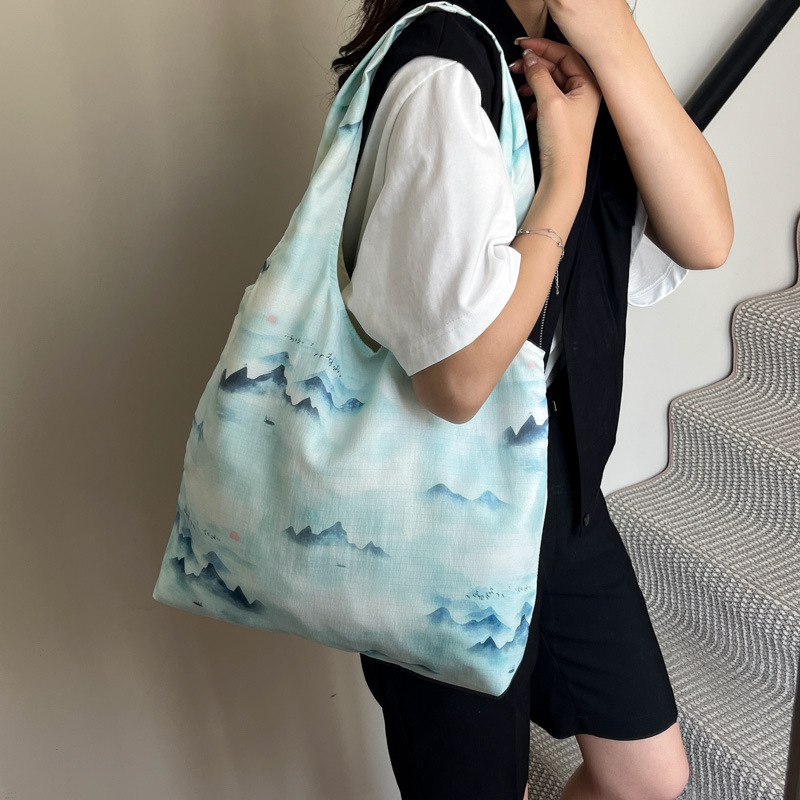 Summer new black and white floral fabric bag, large-capacity, artistic and laid-back style single-shoulder bag, fashionable and versatile crossbody bag Specification drawing