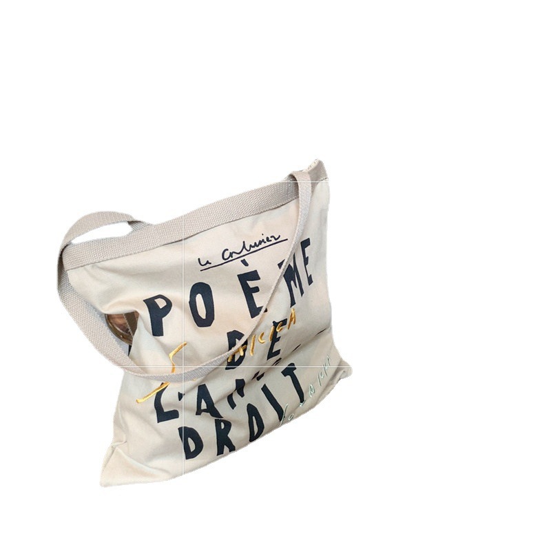 2162 French poetry letter embroidered canvas bag, Korean ins large-capacity single-shoulder hand-carry shopping bag tote bag Item Picture