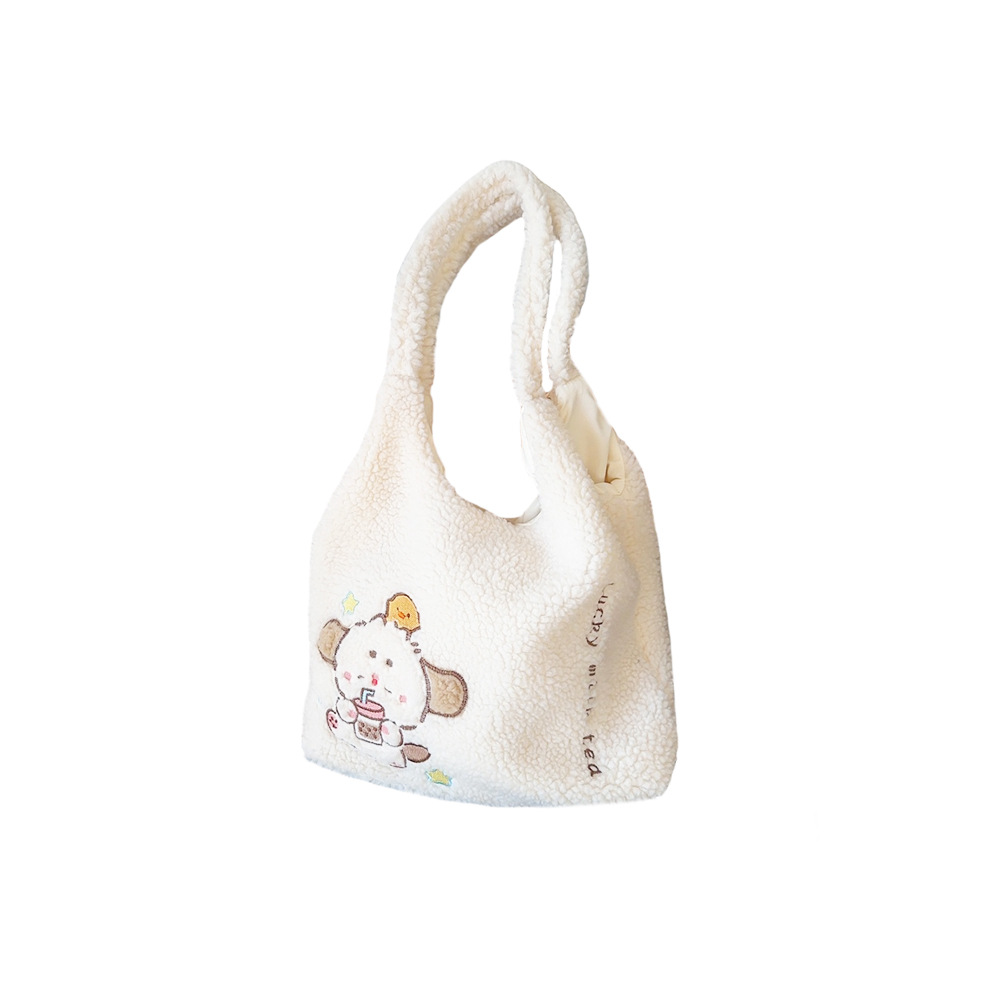 312201 Korean version ins Autumn/Winter Collection, fluffy single-shoulder bag, cute female dog embroidered large capacity tote bag Item Picture
