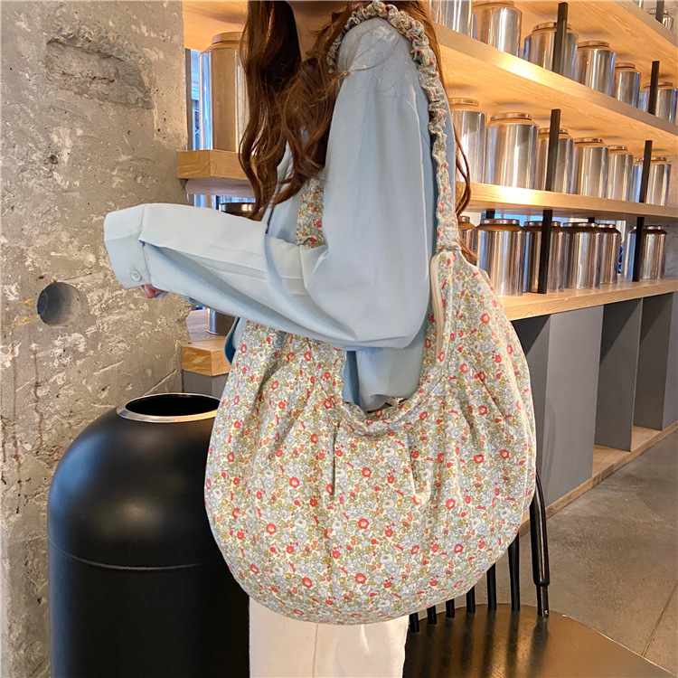 04202 Canvas bag for women, Japanese and Korean ins Spring/Summer fresh and simple floral single-shoulder crossbody bag, large capacity women's dumpling bag Specification drawing