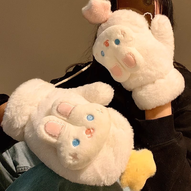 Star Rabbit Little mitten gloves for girls in winter, cute plush, windproof, cold-proof, thickened and warm, can be worn around the neck for girls details Picture