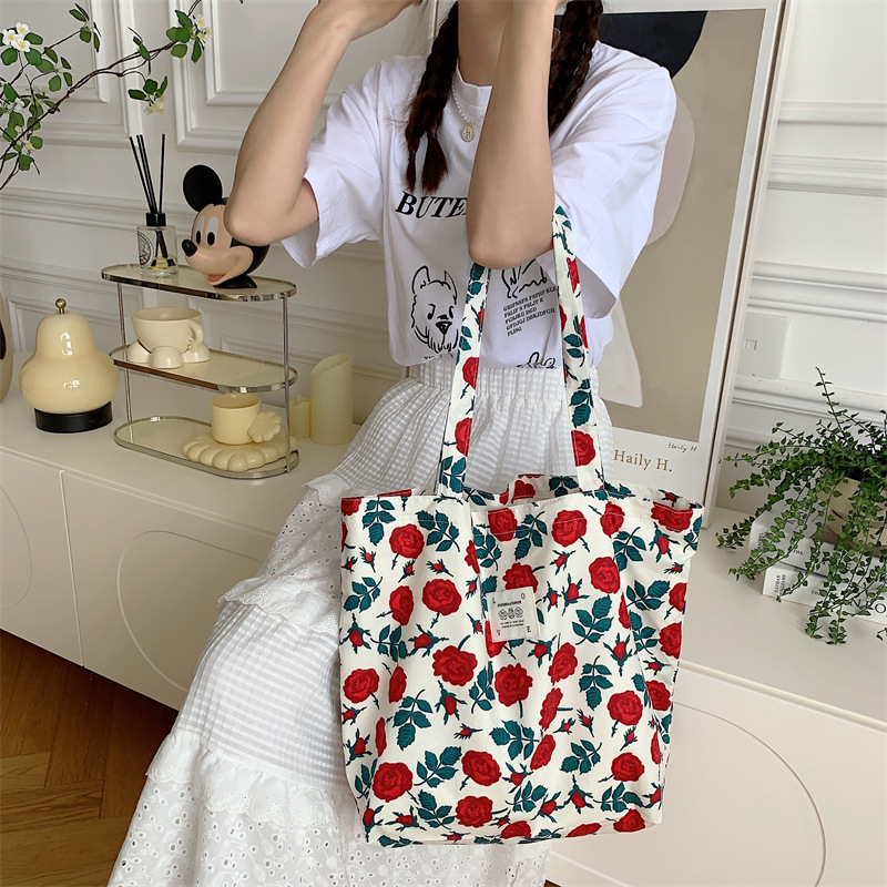 26101 Summer Floral Fabric Bag, Large Capacity rose Canvas Bag, beach Bag, Shopping Bag, single-shoulder bag Specification drawing