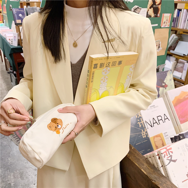 【 In Stock 】2113 Cute Bear Embroidered Canvas Pen Case, Japanese Student Stationery Box, Large Capacity Storage Bag Specification drawing