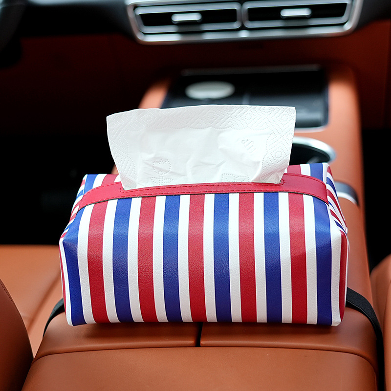 Car tissue box, sun visor, hanging three-color fabric, new French red, blue and white creative handrail strap tissue box Specification drawing