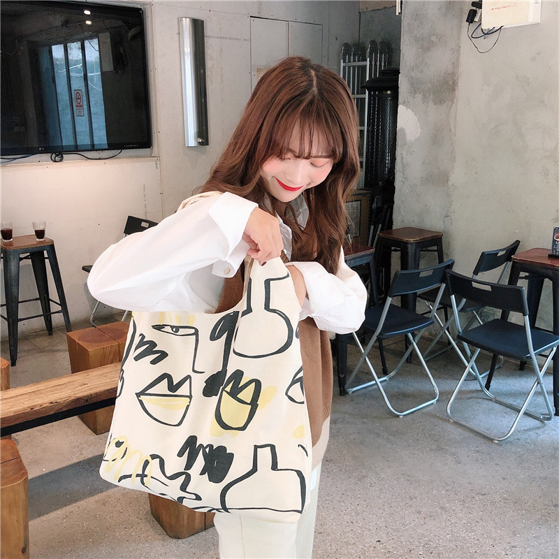 99301 Japanese laid-back style Instagram simple graffiti line single-shoulder bag, canvas bag, shopping bag, female student cloth bag Specification drawing